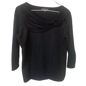 Vtg Adrienne Vittadini Womens Sweater Size Large Black Ruffled Neck 3/4 Sleeve